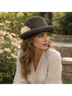 Vintage Brown Woven Straw Cloche Hat Roll Brim Floral Church Millinery Fashion